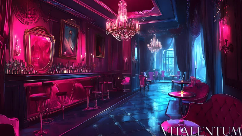 Velvet-lit cocktail lounge glowing with dreamy neon hues.