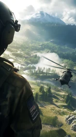 Soldier observes helicopter sweeping over alpine valley
