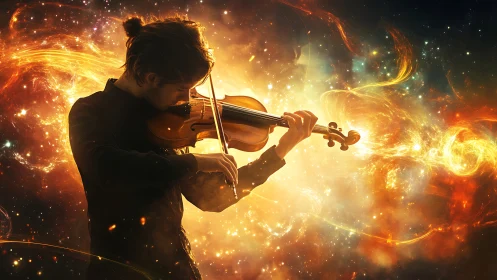 Violinist silhouette set against luminous cosmic nebula backdrop.