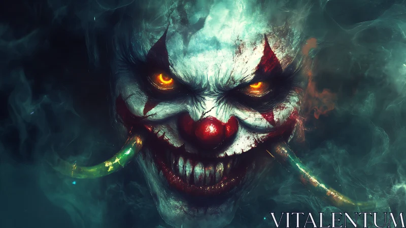 Demonic clown portrait glows through swirling toxic smoke