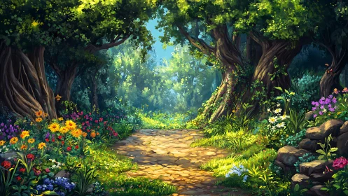 Enchanted Forest Path with Ancient Trees and Wildflowers.
