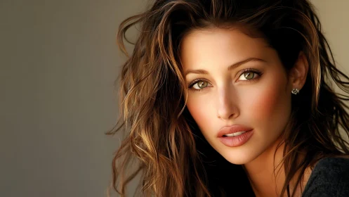 Close-up digital portrait of woman with wavy brown hair.