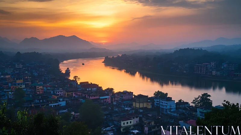 Riverfront city glows under vivid orange sunrise sky