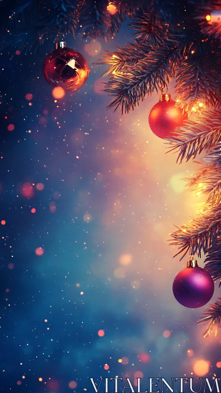 Glowing red ornaments hang on fir branches amid bokeh snowfall