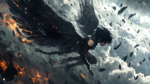 Winged combatant diving through incendiary stormfront clouds.