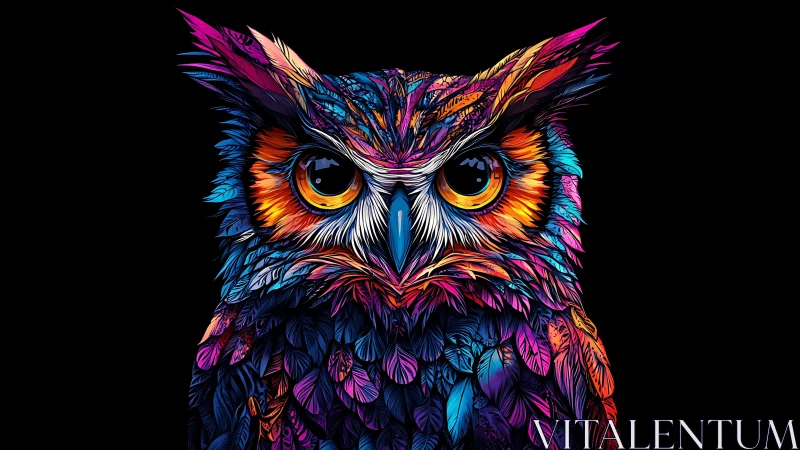 Vibrant Abstract Owl Portrait with Neon Colors on Black Background.