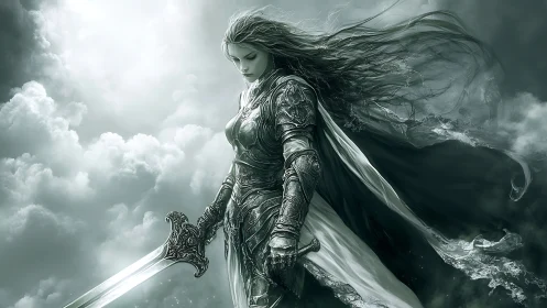Stormlit warrior maiden pausing between clouds and battle.