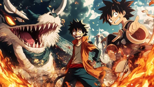 Brave anime heroes and dragon charge through swirling flames.