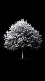 Lone silver tree glows like moonlight against endless night.