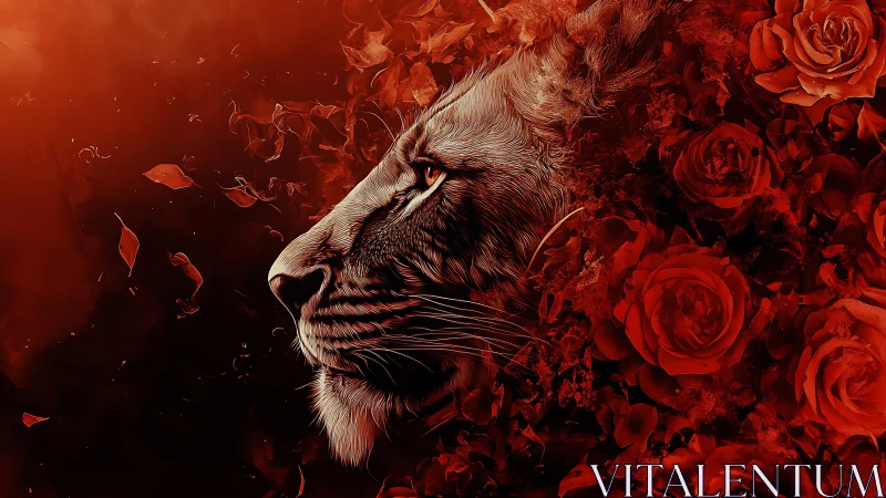 Lion dreamwalks through a storm of roses and ember petals