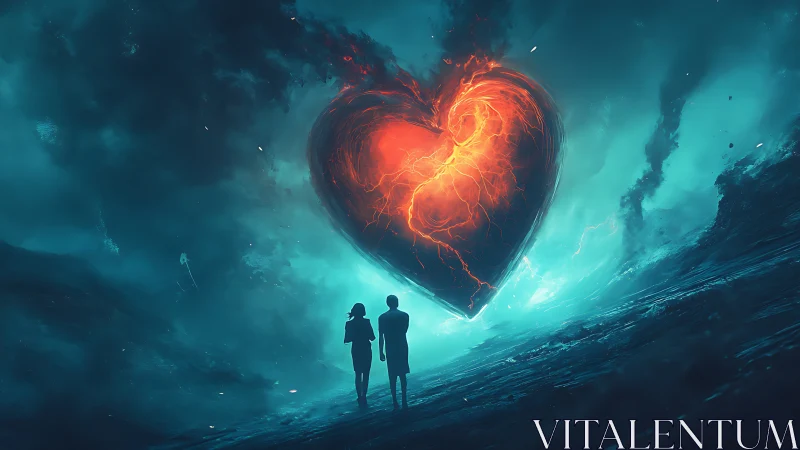 Luminous Heart: Figures Witness Cosmic Fire in Teal Abyss.