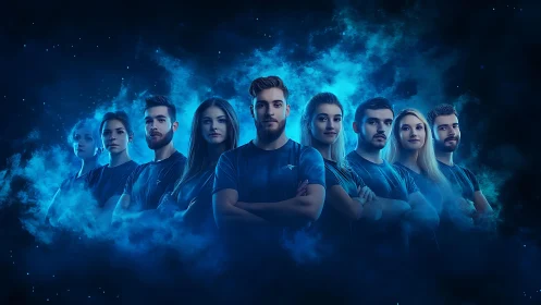 Group portrait of nine people in blue, digitally composed