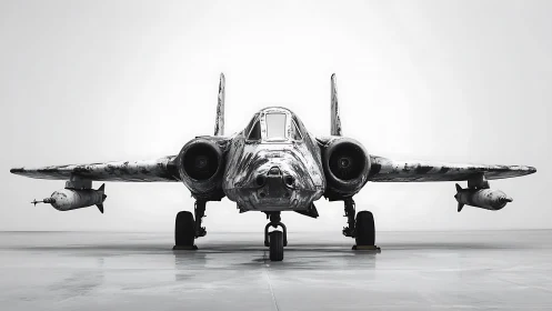 Weathered military jet bomber stands centered in stark hangar