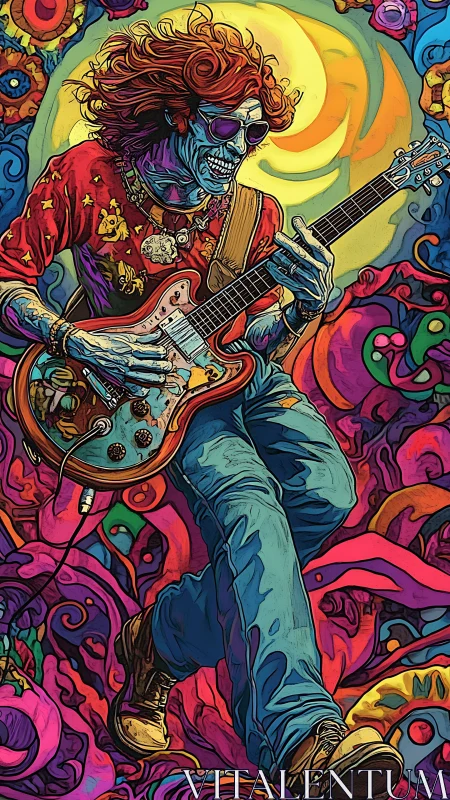 Skeletal guitarist strides forward amid dense psychedelic patterns