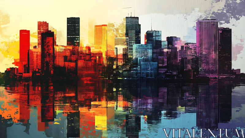 Digital painting skyline with prismatic gradient reflection symmetry.