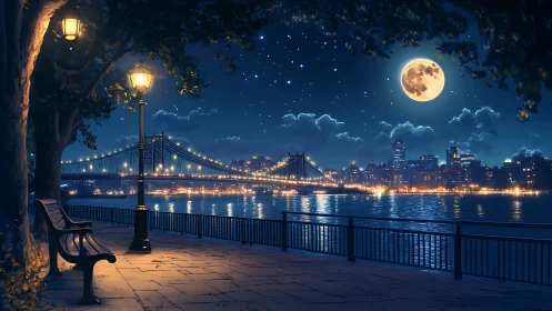 Moonlit riverside walkway facing illuminated city bridge.