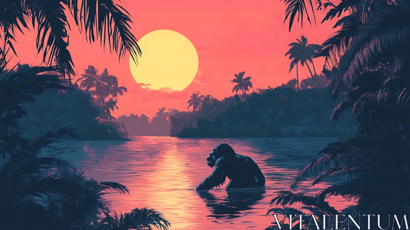 Solitary gorilla silhouettes against neon tropical sunset