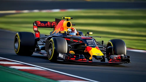 Red Bull Formula 1 race car at speed on asphalt circuit.