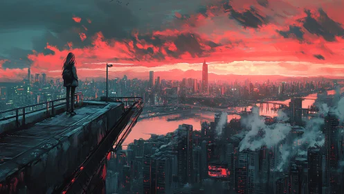 Solitary figure overlooking neon dusk cityscape skyline.