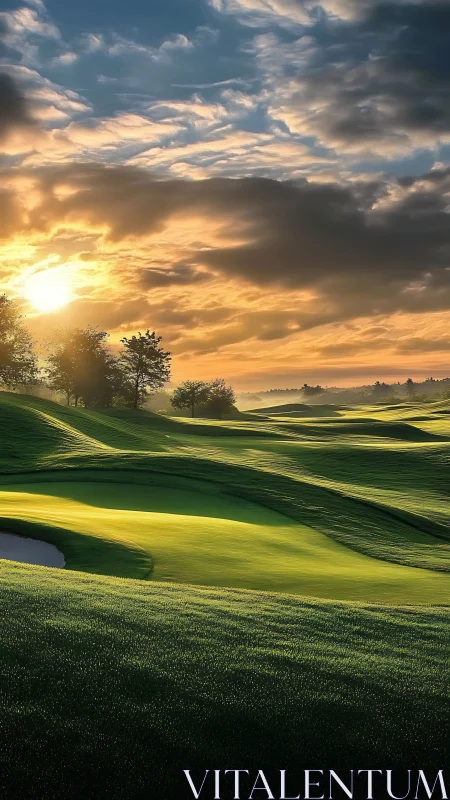 Golden sunrise pours gentle light over rolling golf greens