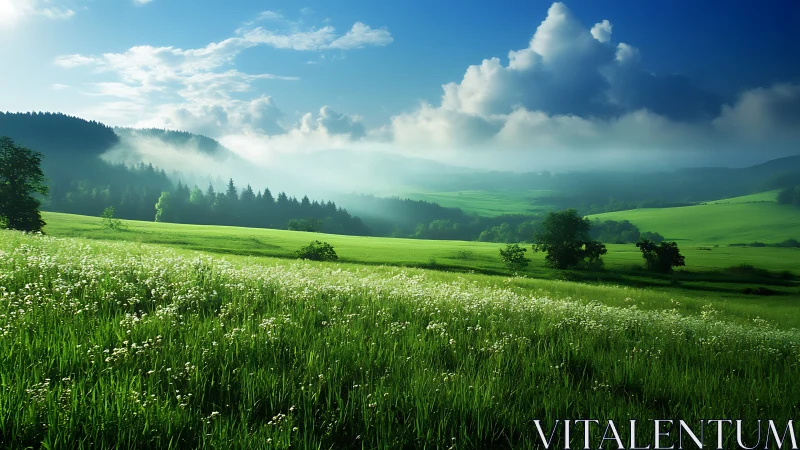 Luminous Morning Meadow with Rolling Hills Perspective Rendering.