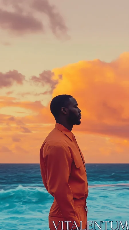 Man in orange outfit standing by ocean at sunset profile.