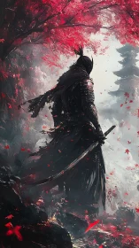 Lone armored samurai surveys crimson autumn temple path.