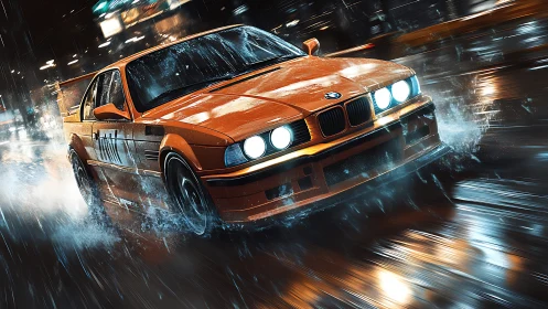 Orange BMW sports car powerslide throws spray on wet city street