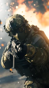 Intense futuristic soldier charging through blazing chaos.