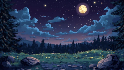 Moonlit forest clearing with grass, rocks and distant treeline.