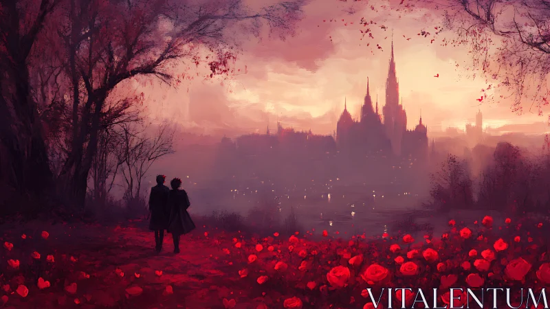 Two Hearts Beneath a Crimson Dawn Over Enchanted Castles
