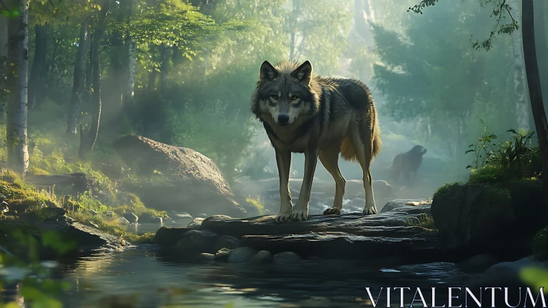 Silent river sentinel: lone wolf holding court in misty woods.