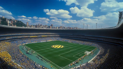 Packed football stadium under bright blue cloudy sky scene.