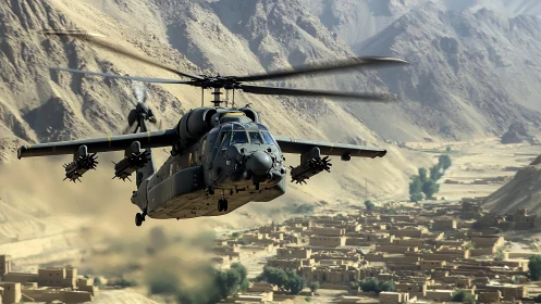 Mountain canyon helicopter sweep above desert village.