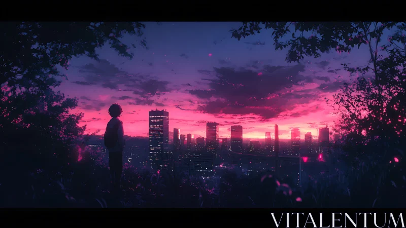 Solitary silhouette overlooks neon dusk city skyline.