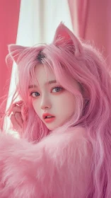 Anime portrait with pink catgirl styling and soft-focus lighting.