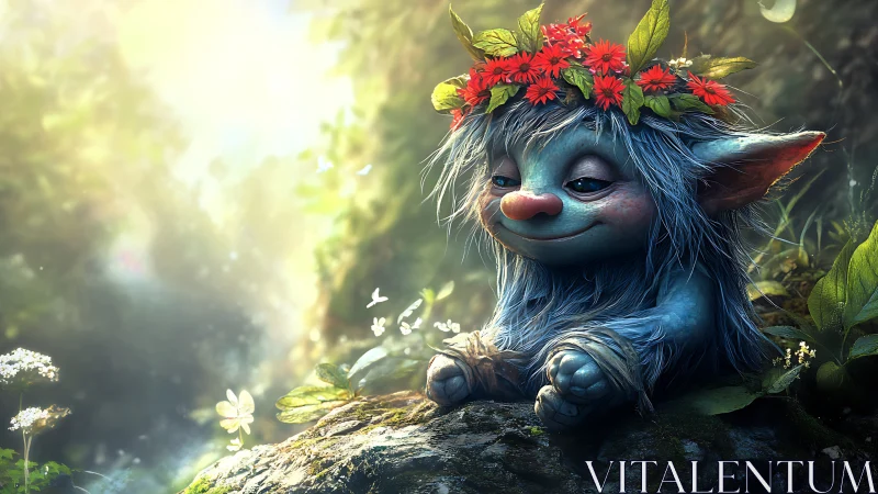 Forest sprite rests in glowing meadow light, crowned with joy.