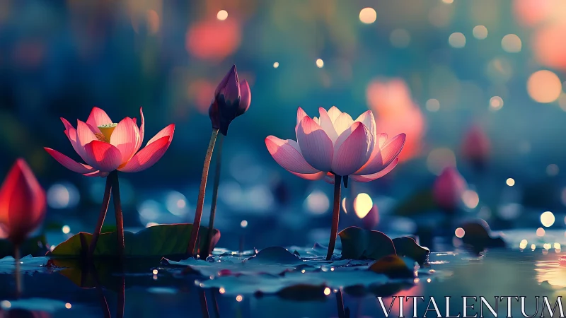 Luminous lotus blooms dance in twilight's gentle glow.