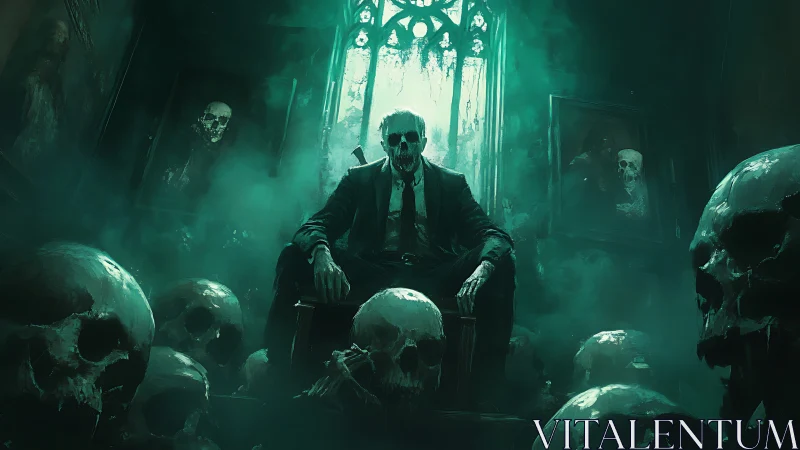Skull-crowned figure rules a haunted emerald crypt throne room.
