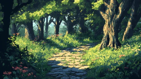 Pixelated forest path with deciduous trees and undergrowth.