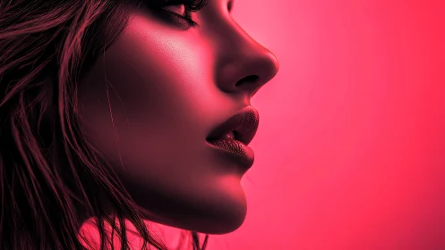 Chromatic side-profile portrait in neon magenta rim lighting.