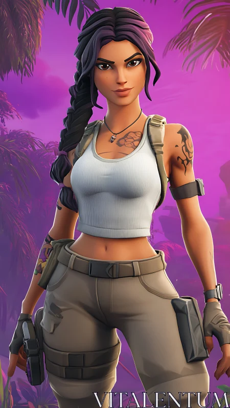 Tattooed jungle raider studies the neon horizon calmly