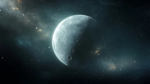 Lunar terminator rendering in nebular starfield panorama.