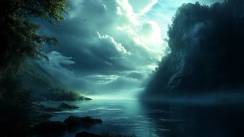 Dramatic alpine lake under storm-lit cumulonimbus sky glows