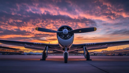 Front view of vintage propeller aircraft on runway at dusk.