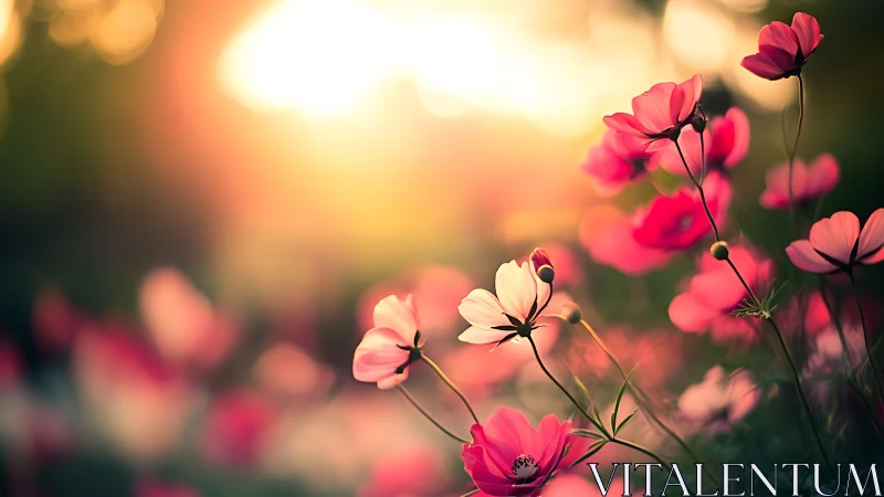 Soft cosmos flowers backlit by golden sunset glow.