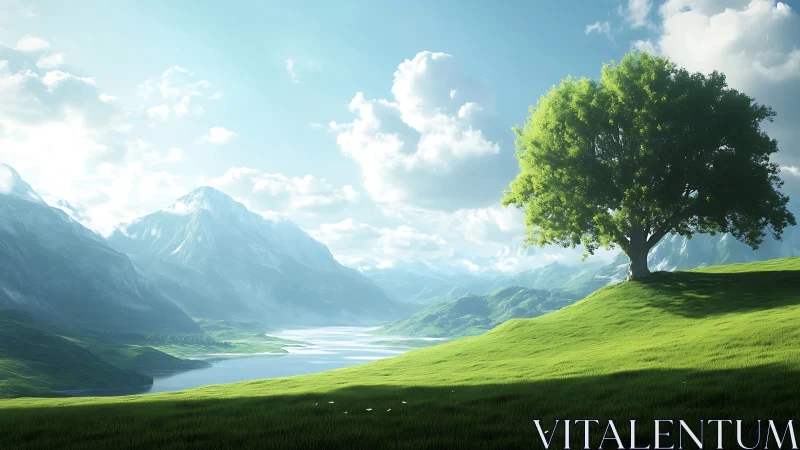 Sunlit green hillside welcomes a lone tree above calm lake