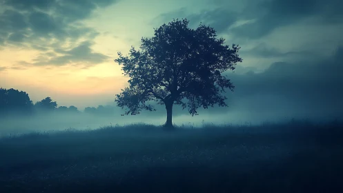 Solitary dawnlit tree wrapped in blue morning mist hush.