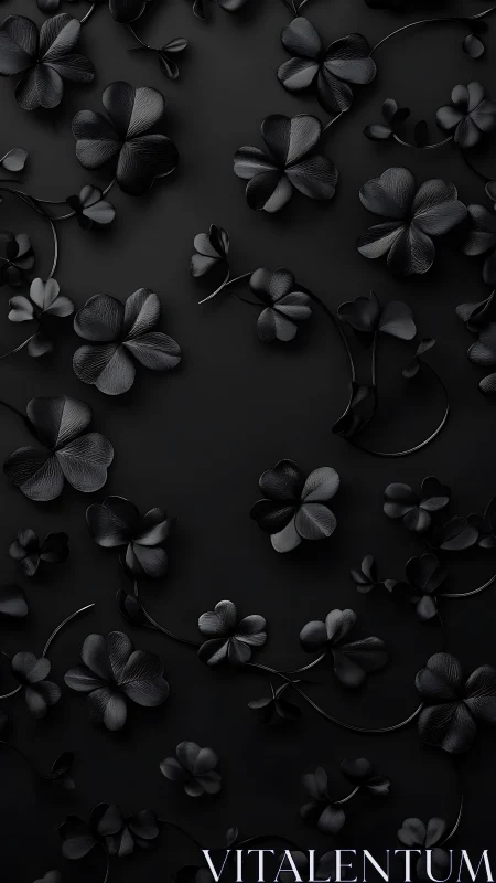 Monochromatic flowers scattered across dark surface.