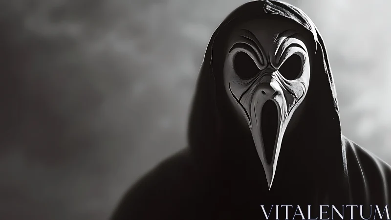 Hooded plague mask figure dominates stormlit grayscale void.